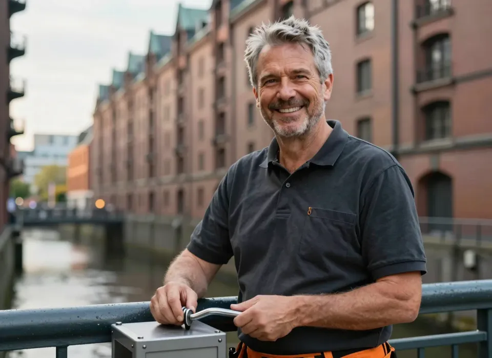 Monteur an einem Fleet vor den Backsteinspeichern der Hamburger Speicherstadt