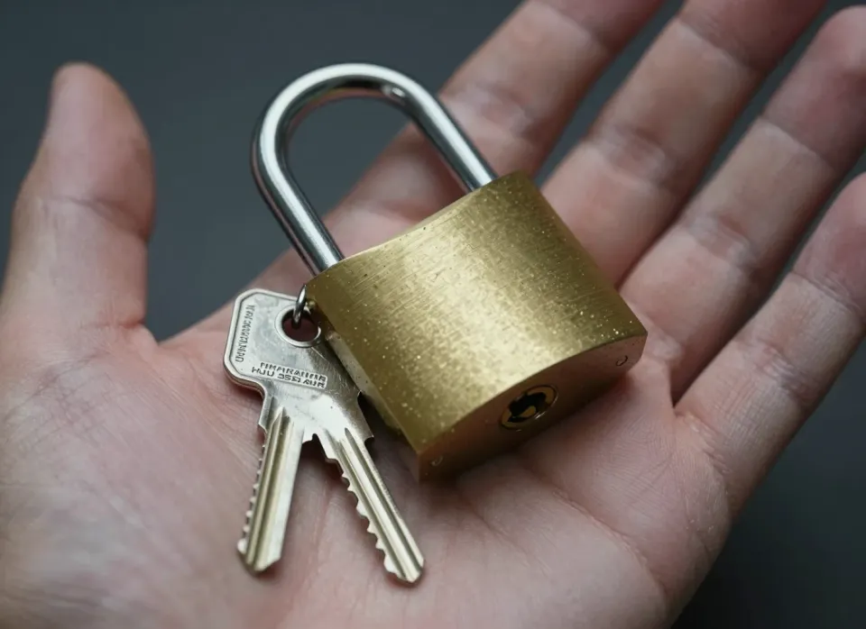 Vorhängeschloss mit zwei Schlüsseln in einer Hand